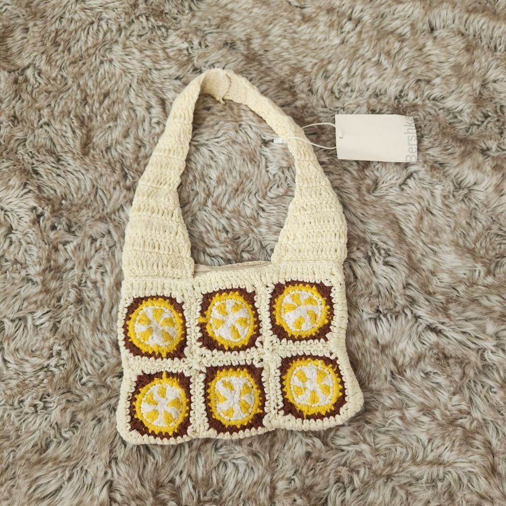 Bershka Crochet Shoulder Bag Yellow and Brown Snap Closure New with Tags